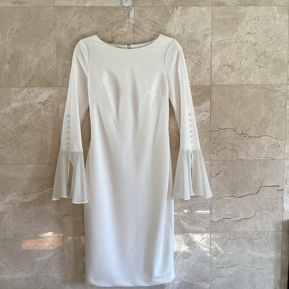 Calvin Klein Shift Dress - 2 - White Bell Sleeve, Classic Holiday Party Bridal - Picture 4 of 16